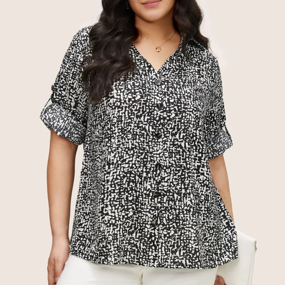 BLOOM CHIC Geometric Shirt Collar Button Through Tab Sleeve Blouse Size 18-20